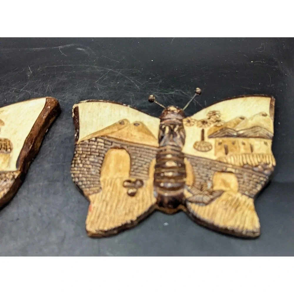 Set/2 Vintage Art Pottery Wall Hanging Butterfly Brown Buildings 7.5